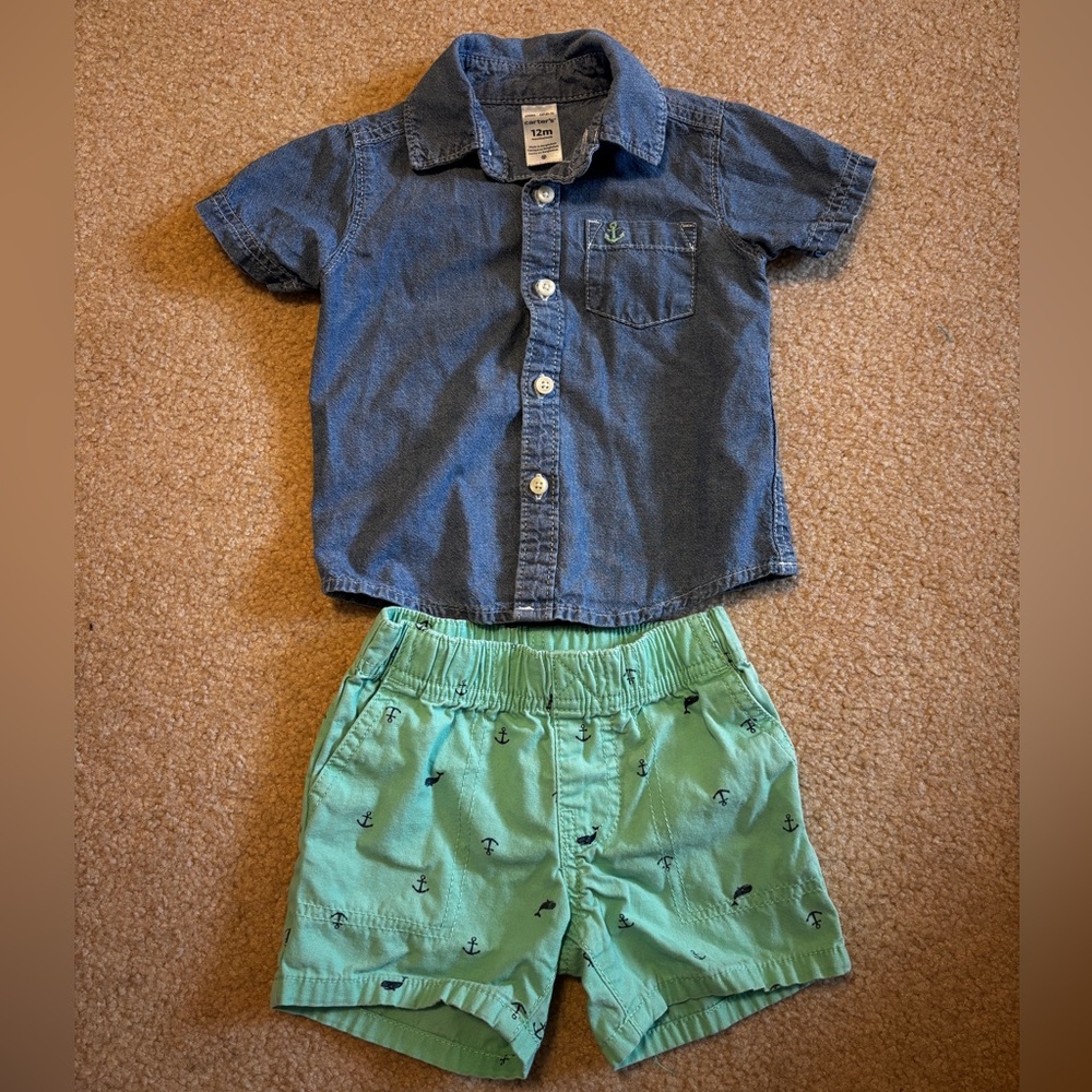 Chambray Button-Up Shirt and Green Shorts Set Size 12 Months